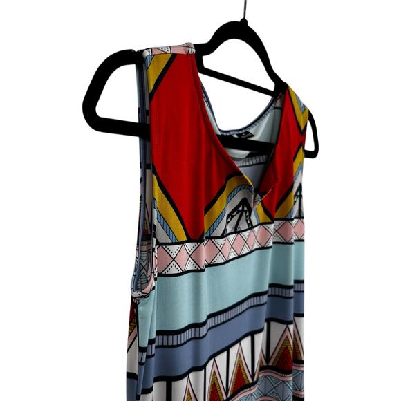 Tribal Vibrant Blue Red Aztec Sleeveless V Neck Mini Shift Dress Womens Medium - Picture 2 of 5